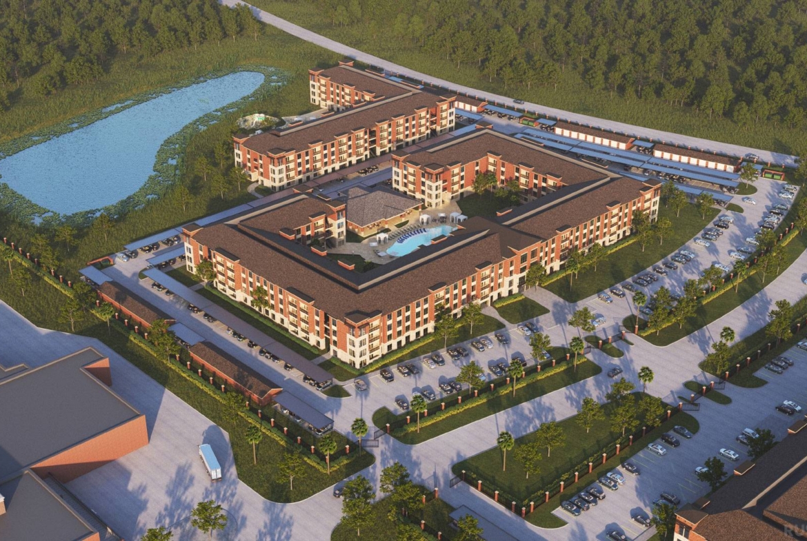Aerial rendering of the Missouri City 2 apartment community with courtyard pool and lake