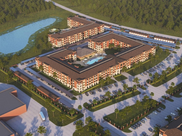 Aerial rendering of the Missouri City 2 apartment community with courtyard pool and lake