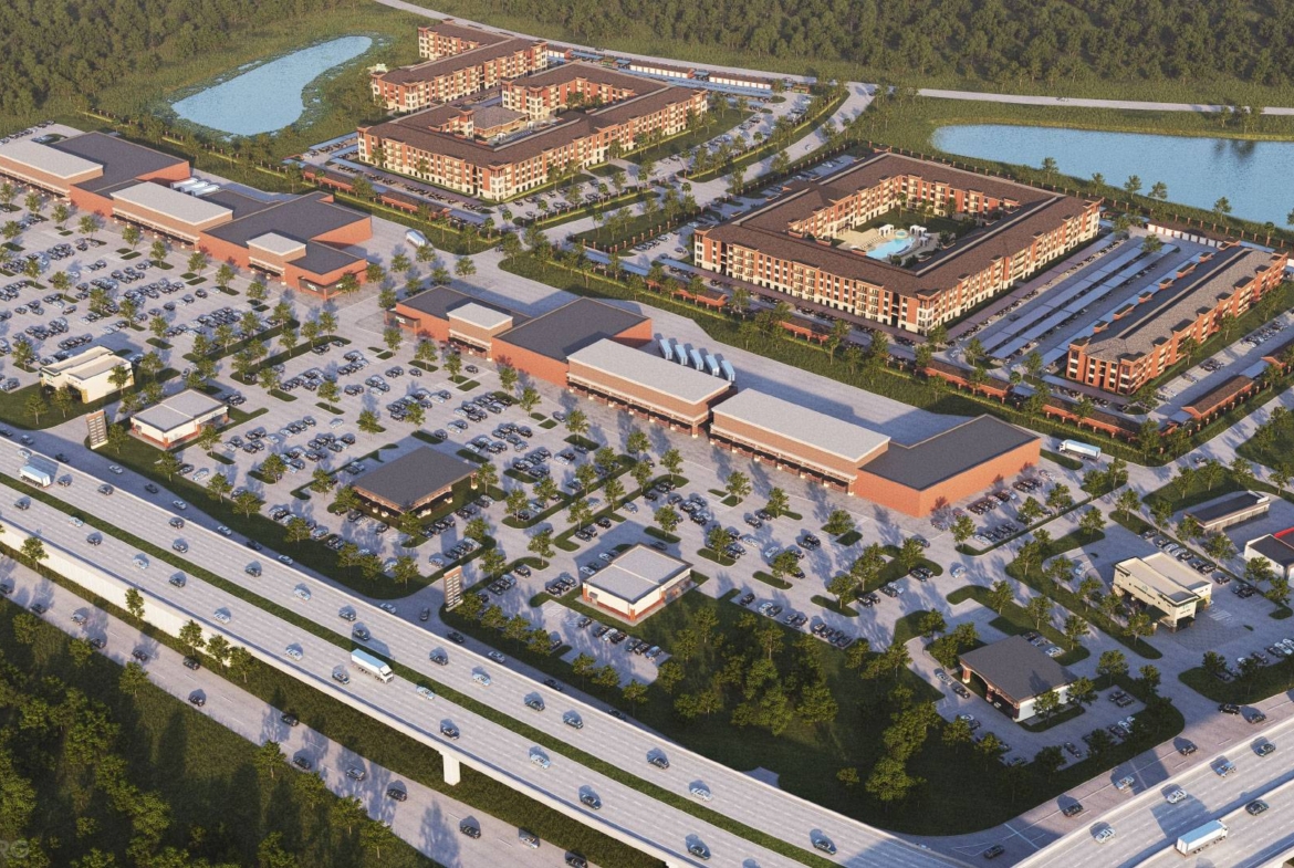 Aerial rendering of the Missouri City 2 master plan with retail center, apartments and highway frontage